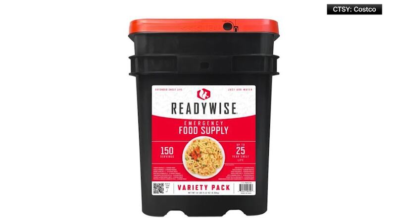 An emergency food bucket is on sale at Costco.