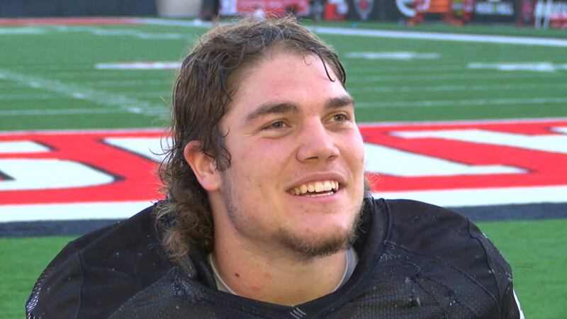 Arkansas State sophomore TW Ayers shows off his mullet after practice on September 29th.