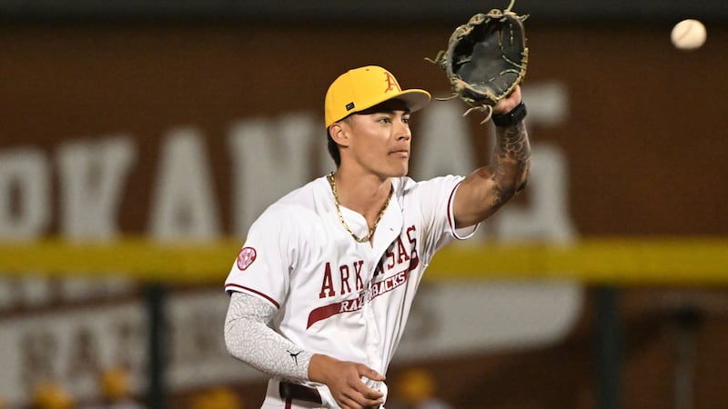 Arkansas infielder Wehiwa Aloy (9) against Central Arkansas during an NCAA baseball game on...