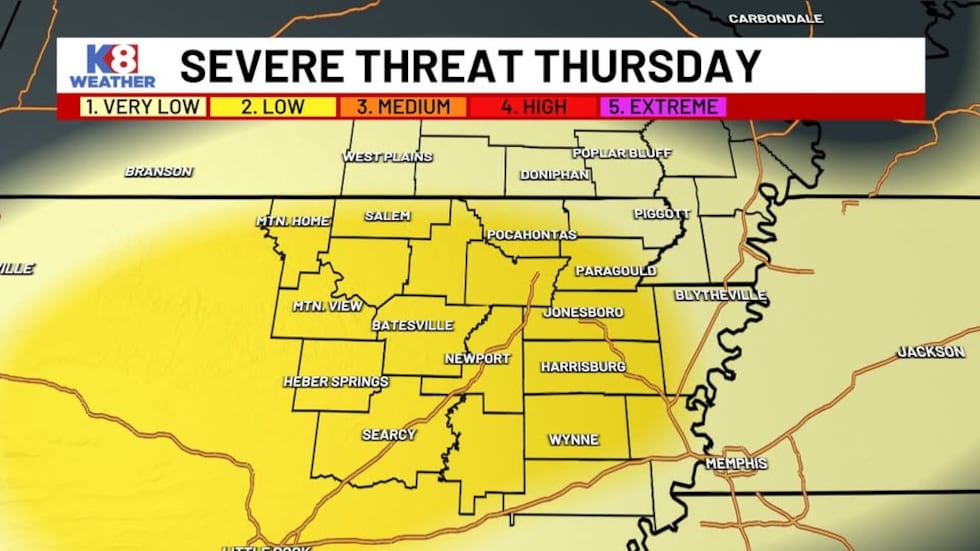 LOW Level 2/5 Risk for severe storms now across Region 8 for Thursday Afternoon.