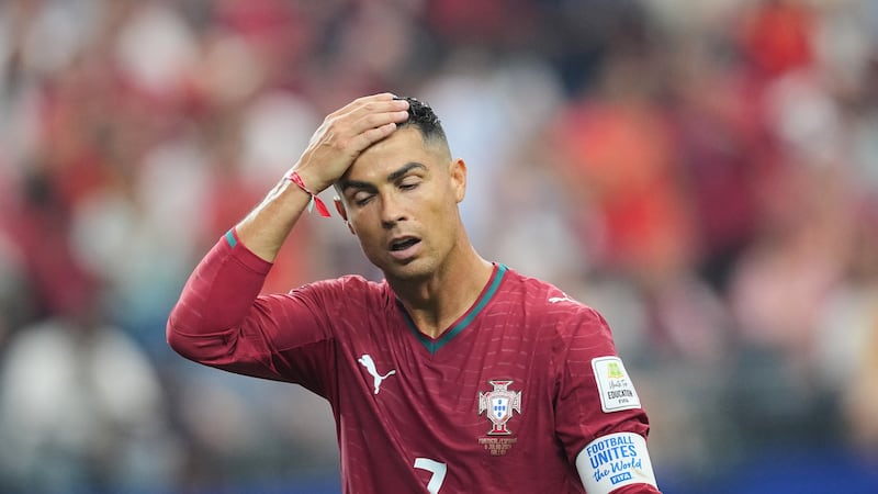 Portugal's Cristiano Ronaldo (7) reacts during the World Cup round of 16 soccer match between...
